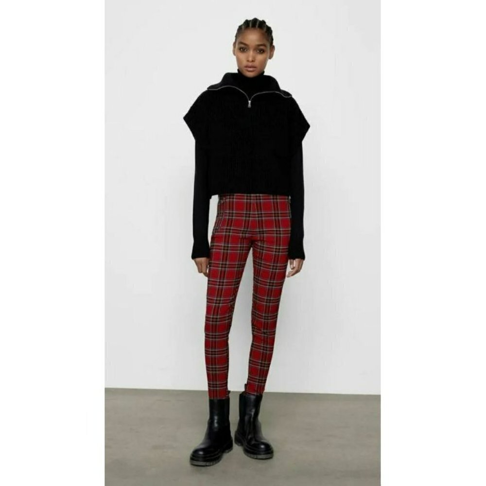 Zara Gingham Checked Flared Pants Plaid High Waisted Size Small - Picture 1 of 16